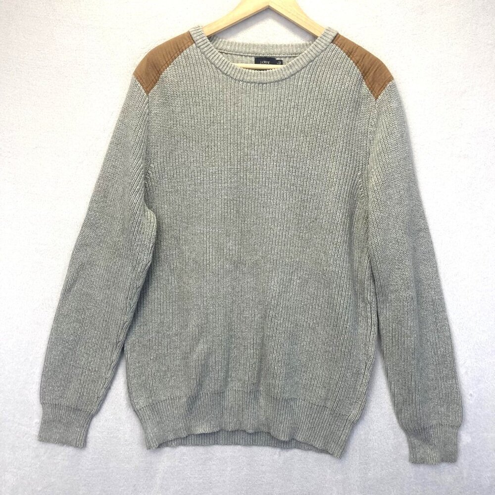 J Crew Knit Sweater Mens XL Gray Brown Shoulder Patch Crewneck Pullover Heavy